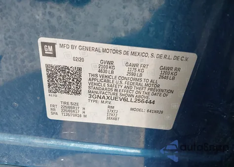 2020 Chevrolet Equinox Awd Lt 1.5L Turbo from USA, damaged, VIN 3GNAXUEV6LL256444